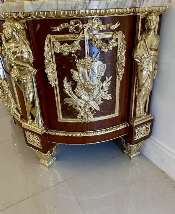 Antique Rare Fine Pair of French Early 20th Century Mahogany, Fruitwood Marquetry and Gilt Bronze Mounted Commodes In the Louis XVI Style, after the Original By Jean-Henri Riesener - Image 10